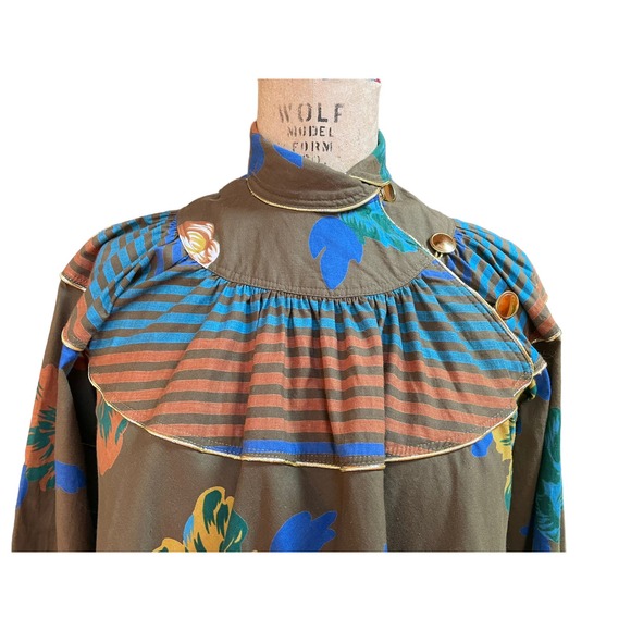 BIS Womens Vintage Midi Dress Khaki Floral High Button Neck Long Sleeve Petite - Picture 2 of 10